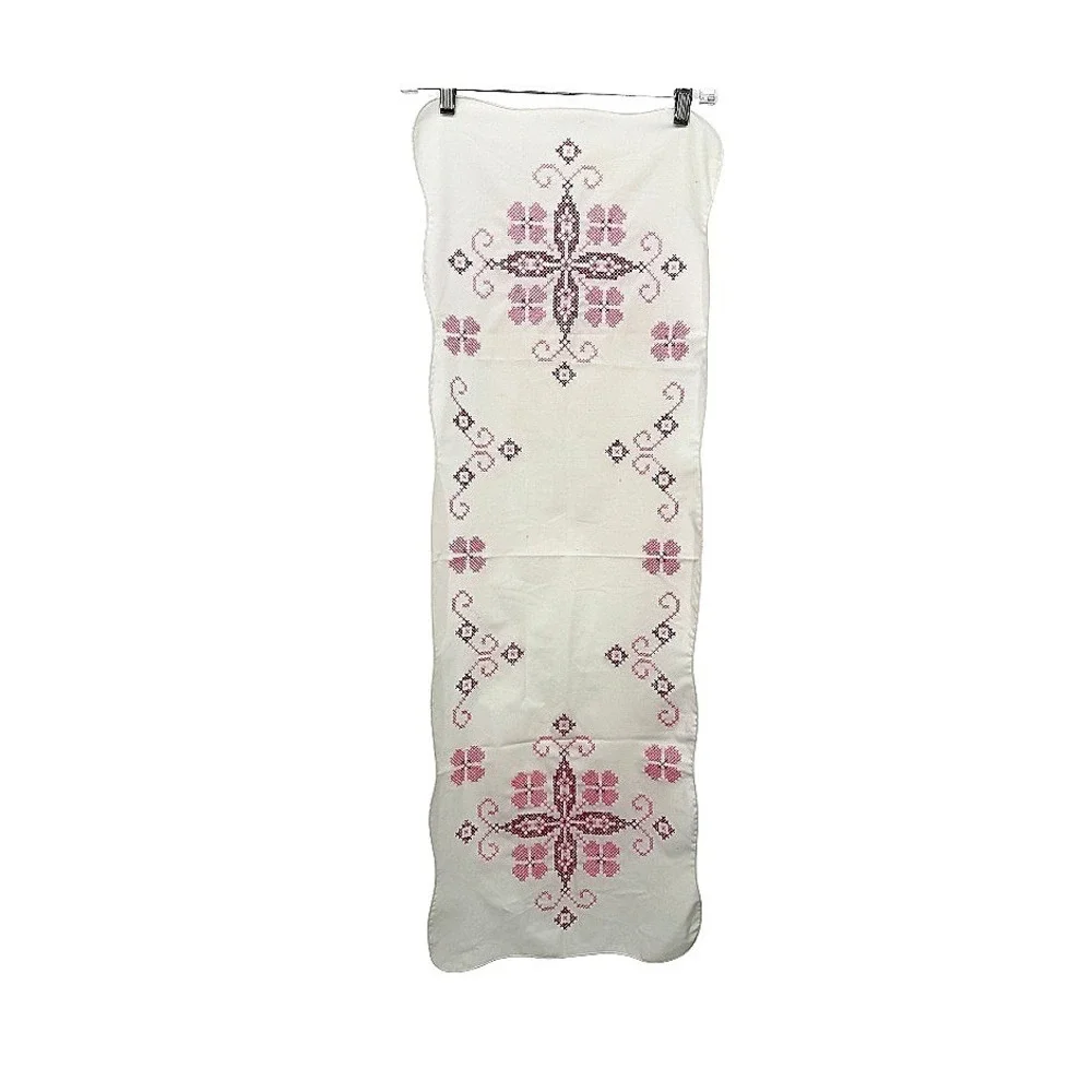 Vintage Embroidered Table Runner Dresser Scarf Cross Stitch Floral 40x14